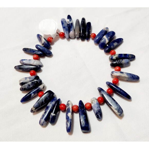 Jewelry - Sodalite Blue & White Stone Bead And Red Coral Bracelet 8" Wired